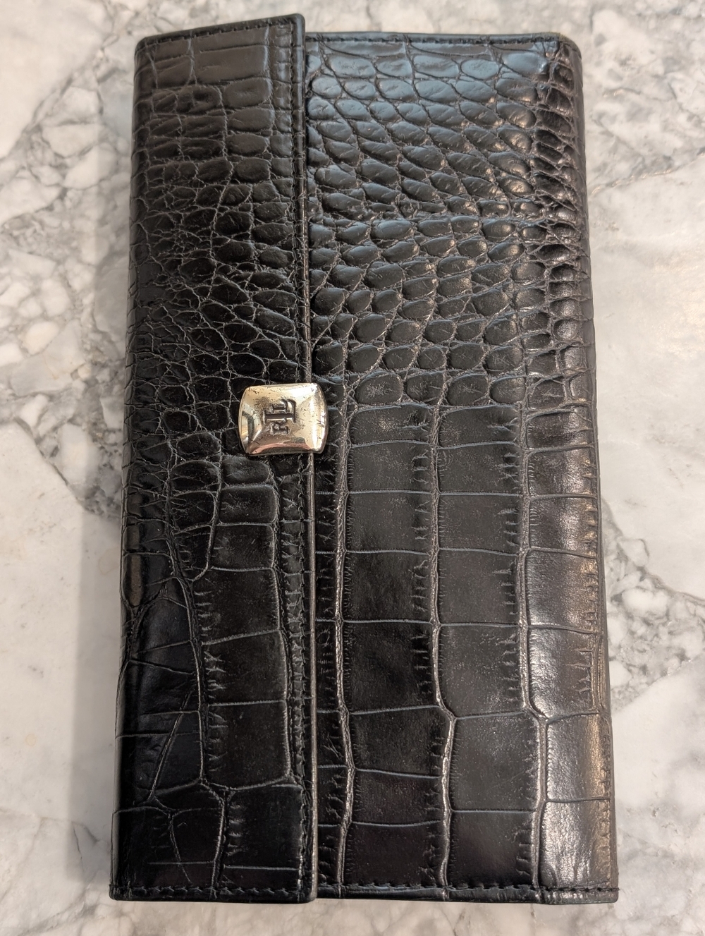Ralph Lauren Classic Long Black Leather Croc Embossed Wallet/Clutch